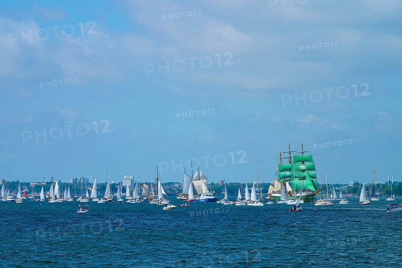 Several sailing ships on the blue sea under a slightly cloudy sky, Windjammer Parade Kiel 2025, Heikendorf, Kreis Plön, Kieler Förde, Schleswig-Holstein, Germany
