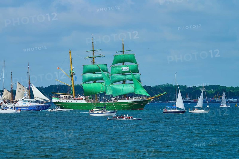 A large sailing ship with green sails Alexander von Humbold 2 and a group of smaller boats on the sea, Windjammer Parade Kiel 2025, Heikendorf, Plön district, Kiel Fjord, Schleswig-Holstein, Germany