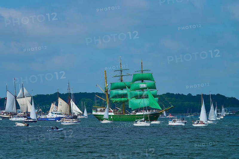 Large sailing regatta on the sea. Various ships, including a striking green sailing ship Alexander von Humbold 2, Windjammer Parade Kiel 2025, Heikendorf, Plön district, Kiel Fjord, Schleswig-Holstein, Germany