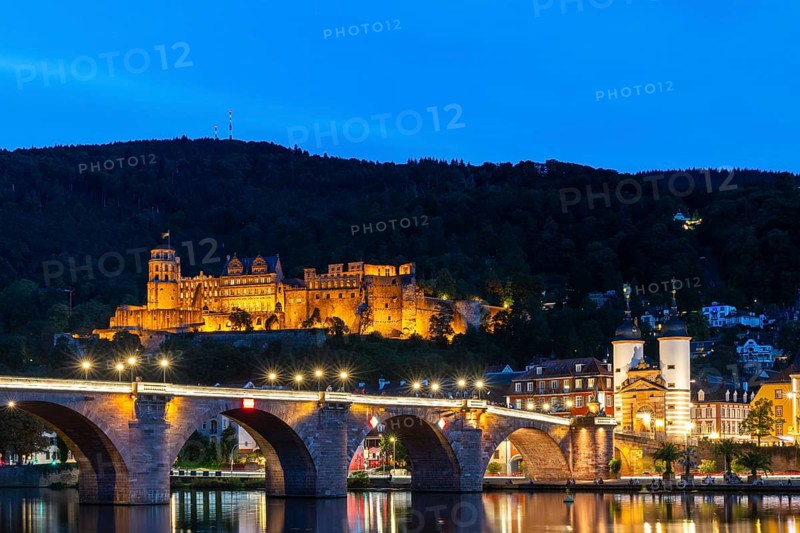 Old Bridge, Heidelberg Castle, City Gate, Nekar, River, Blue Hour, Heidelberg, Electoral Palatinate, Baden-Württemberg, Germany