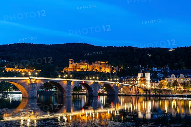 Old Bridge, Heidelberg Castle, City Gate, Nekar, River, Blue Hour, Heidelberg, Electoral Palatinate, Baden-Württemberg, Germany