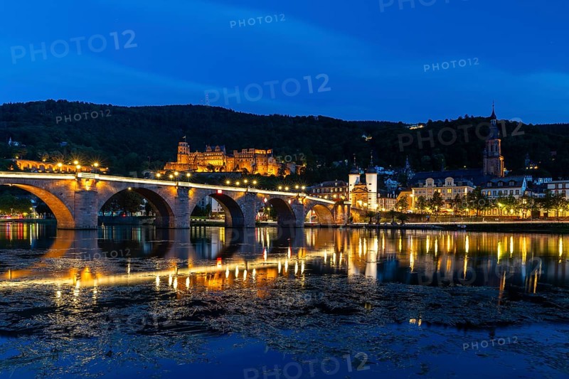 Old Bridge, Heidelberg Castle, City Gate, Nekar, River, Blue Hour, Heidelberg, Electoral Palatinate, Baden-Württemberg, Germany