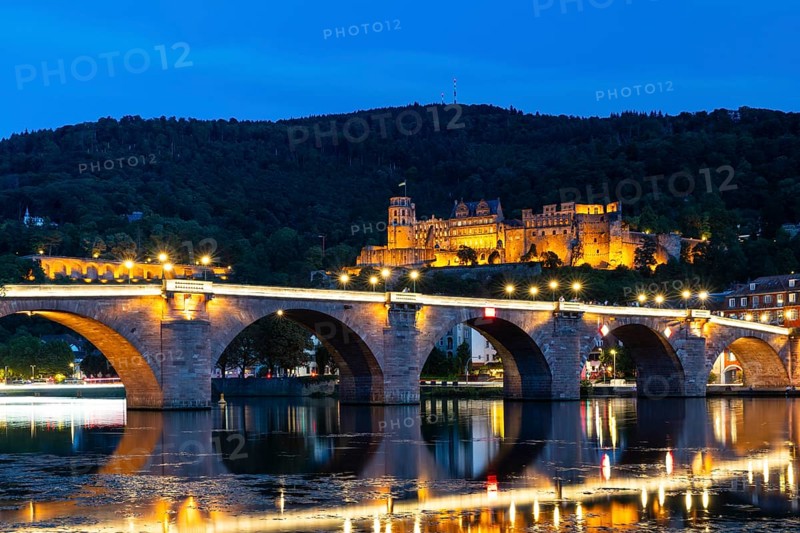 Old Bridge, Heidelberg Castle, Nekar, River, Blue Hour, Heidelberg, Electoral Palatinate, Baden-Württemberg, Germany