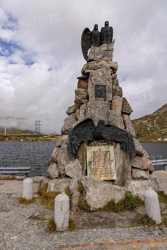 Aviation memorial, memorial to the Vaud aviator Adrien Guex 1928 at Lago della Piazza, Gotthard Pass, Ticino, Switzerland