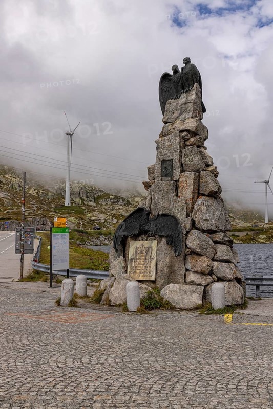 Aviation memorial, memorial to the Vaud aviator Adrien Guex 1928 at Lago della Piazza, Gotthard Pass, Ticino, Switzerland