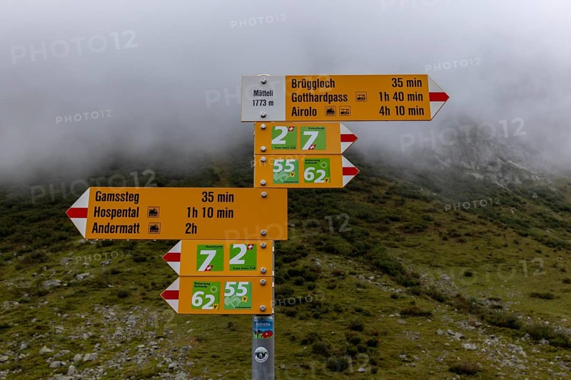 Signpost at Mätteli, ascent to the Gotthard Pass, Uri, Switzerland