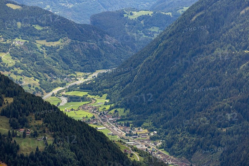 View of the upper Leventina with railway line and motorway, Passo Scimfuss, Ticino, Switzerland