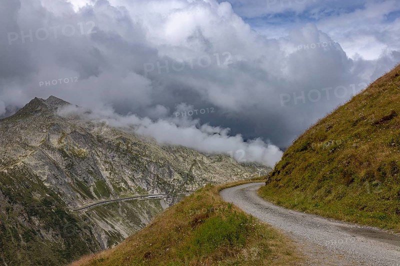 Curve at the Scimfuss Pass, behind Gotthard Pass road, Ticino, Switzerland
