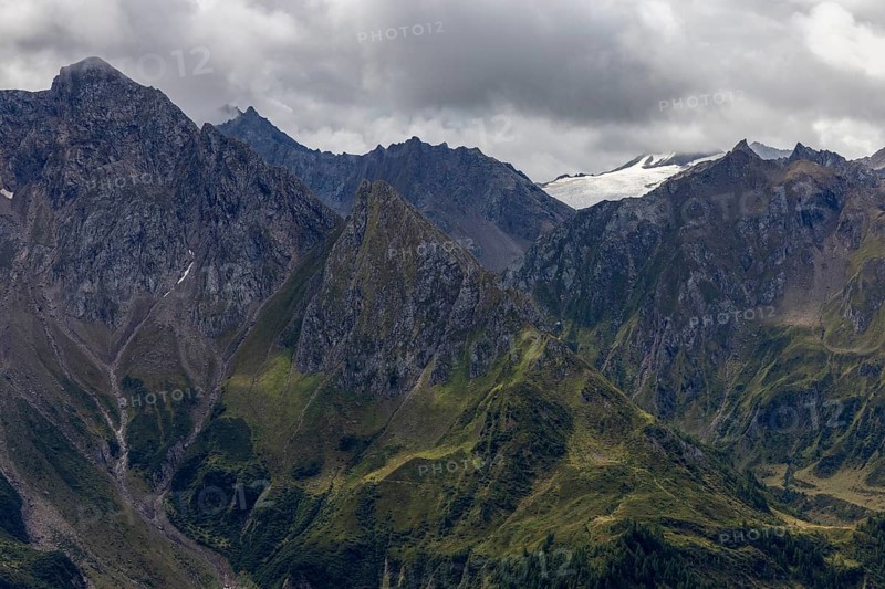 View over the Bedretto valley into the Cristallina area, Basodino glacier in the background, Airolo, Ticino, Switzerland