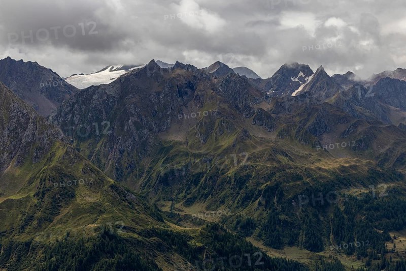 View over the Bedretto valley into the Cristallina area, Basodino glacier in the background, Airolo, Ticino, Switzerland