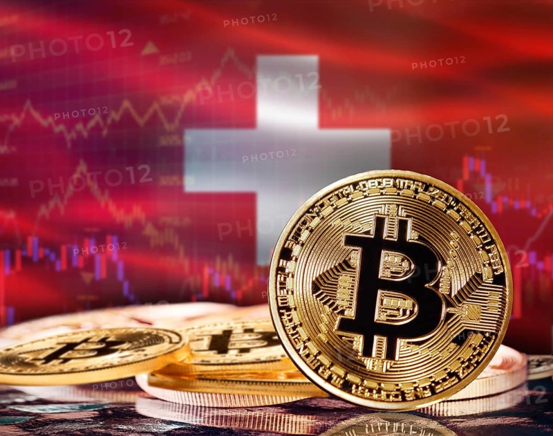 Bitcoin with Switzerland flag in the background. Investors in cryptocurrency and Blockchain Technology in Switzerland, Concept