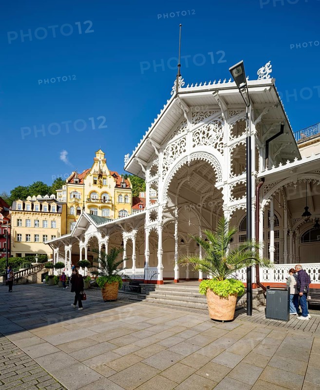 Swiss-style market colonnade, spa, healing spring, health, mineral, mineral water, illness, Karlovy Vary, Bohemia, Czech Republic