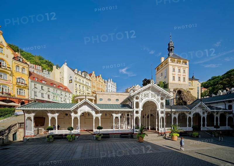 Swiss-style market colonnade and Gothic castle tower, spa, healing spring, health, mineral, mineral water, illness, Karlovy Vary, Karlovy Vary, Bohemia, Czech Republic