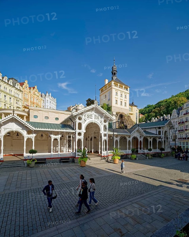 Swiss-style market colonnade and Gothic castle tower, spa, healing spring, health, mineral, mineral water, illness, Karlovy Vary, Karlovy Vary, Bohemia, Czech Republic
