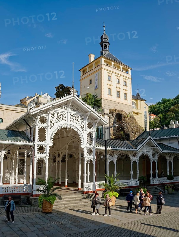 Swiss-style market colonnade and Gothic castle tower, spa, healing spring, health, mineral, mineral water, illness, Karlovy Vary, Karlovy Vary, Bohemia, Czech Republic