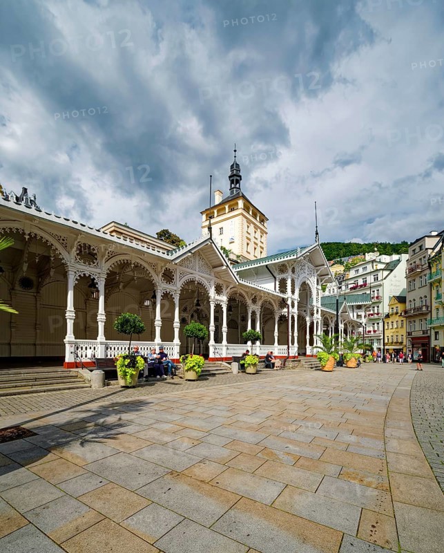 Swiss-style market colonnade and Gothic castle tower, spa, healing spring, health, mineral, mineral water, illness, Karlovy Vary, Karlovy Vary, Bohemia, Czech Republic