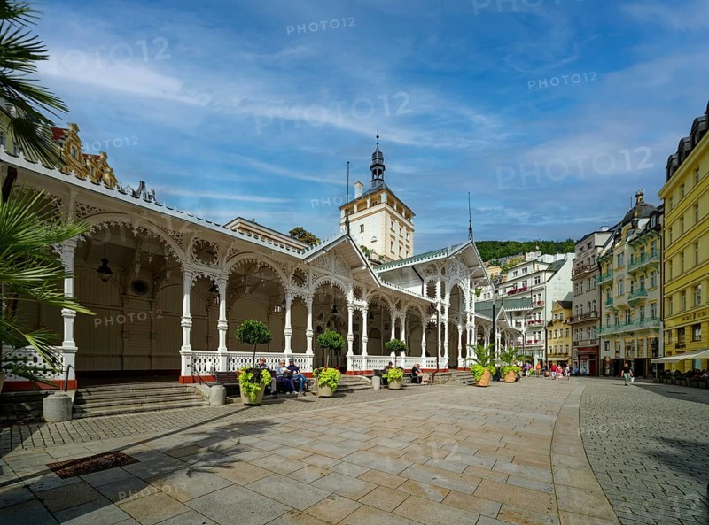 Swiss-style market colonnade and Gothic castle tower, spa, healing spring, health, mineral, mineral water, illness, Karlovy Vary, Karlovy Vary, Bohemia, Czech Republic