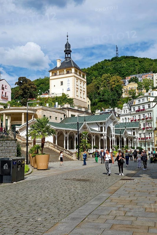 Swiss-style market colonnade and Gothic castle tower, spa, healing spring, health, mineral, mineral water, illness, Karlovy Vary, Karlovy Vary, Bohemia, Czech Republic