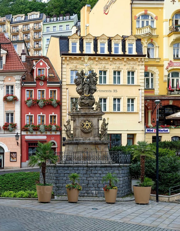 Trinity Column from 1716, Old Town, spa, healing spring, health, mineral, mineral water, illness, Karlovy Vary, Bohemia, Czech Republic