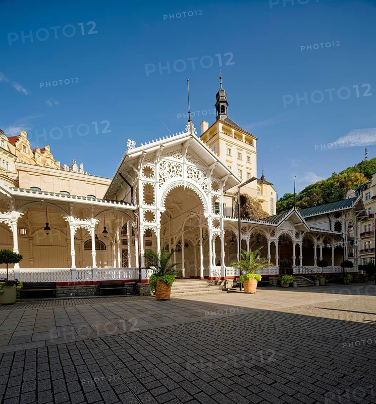 Swiss-style market colonnade and Gothic castle tower, spa, healing spring, health, mineral, mineral water, illness, Karlovy Vary, Karlovy Vary, Bohemia, Czech Republic