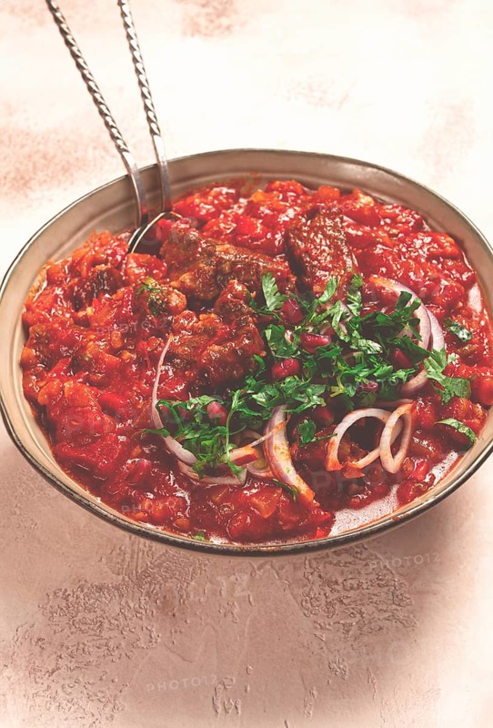 Chashushuli, a traditional Georgian dish, spicy, stewed meat with tomatoes and spices, homemade, no people