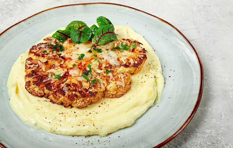 Cauliflower steak, with mashed potatoes, spices and herbs, homemade, no people