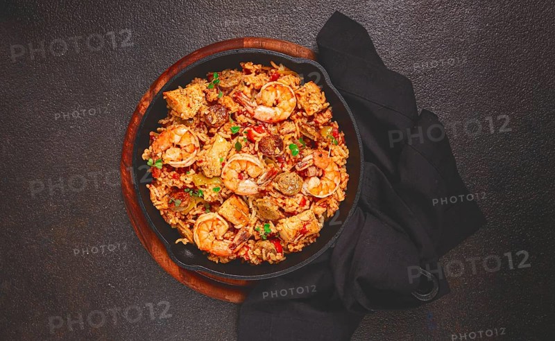 Jambalaya, Creole dish, American pilaf, rice with chicken and shrimp, vegetables, homemade, no people