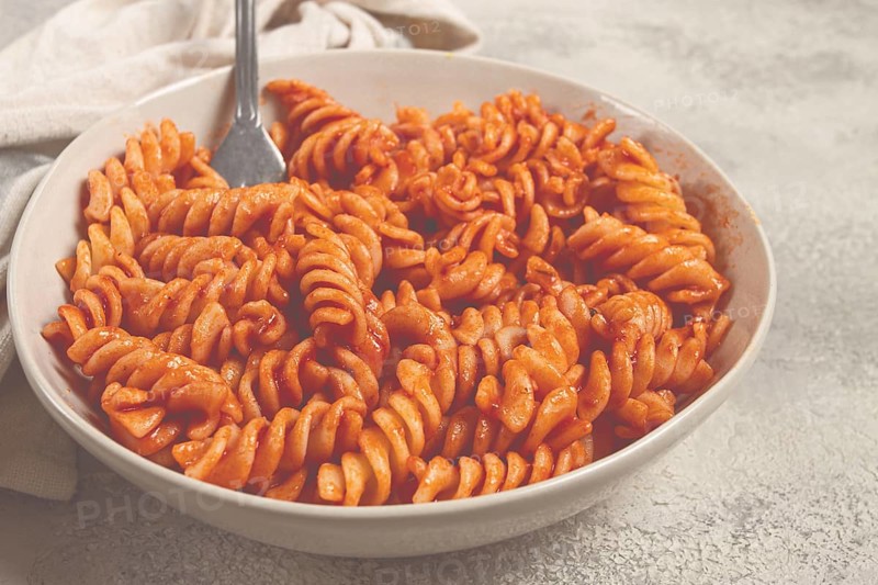 Fusilli pasta dish, made with tomato sauce, homemade, no people