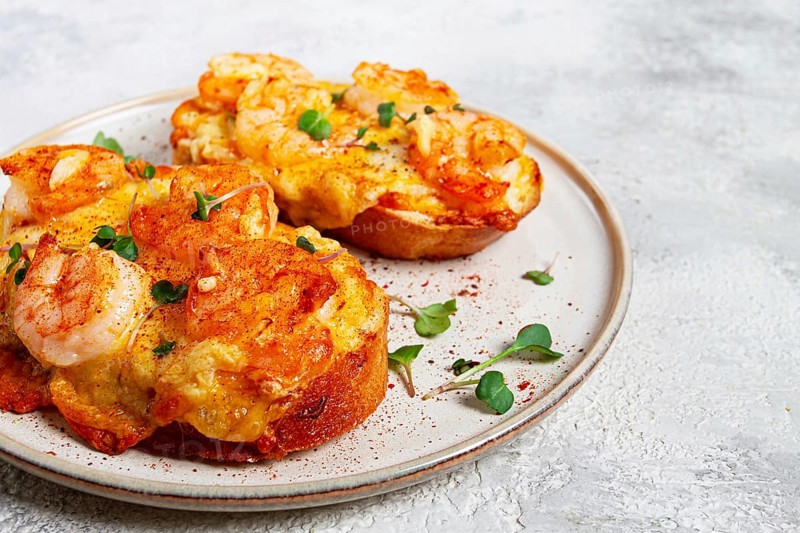 Sandwiches with shrimp and cheese, baked in the oven, with microgreens, breakfast, homemade, no people