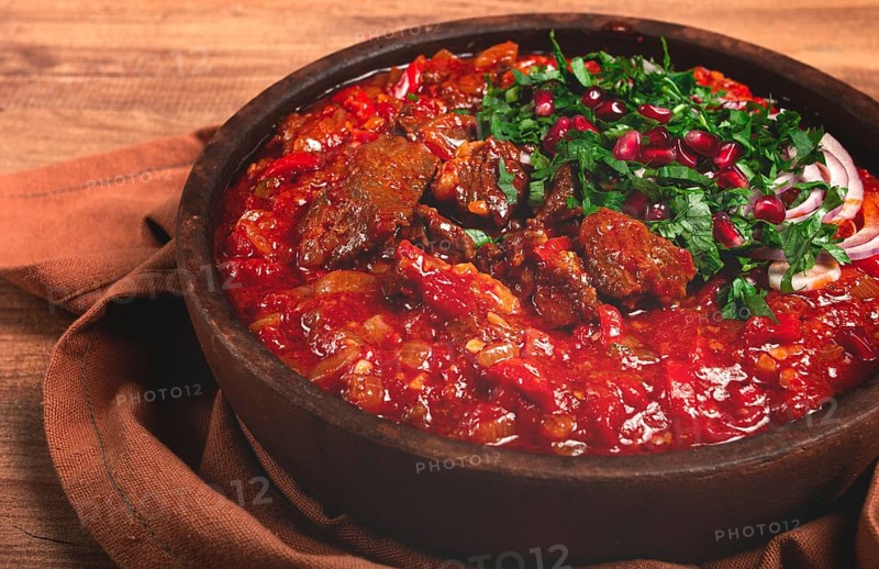 Chashushuli, a traditional Georgian dish, spicy, stewed meat with tomatoes and spices, homemade, no people