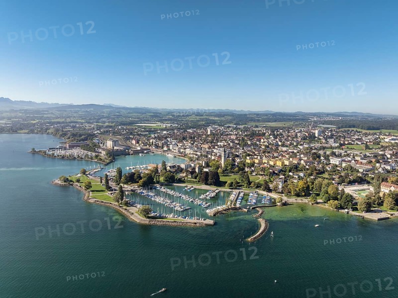 Harbour area, ferry port, yacht harbour, marina of the city of Romanshorn with Seepark, aerial view, panorama, Lake Constance, Canton Thurgau, Switzerland