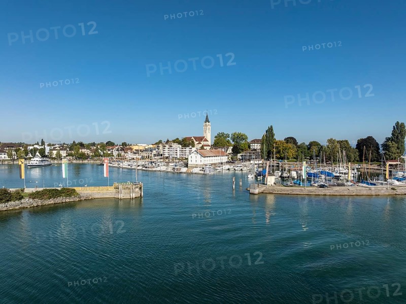 Harbour area, entrance from the ferry port, marina of Romanshorn with Seepark, aerial view, panorama, Lake Constance, Canton Thurgau, Switzerland