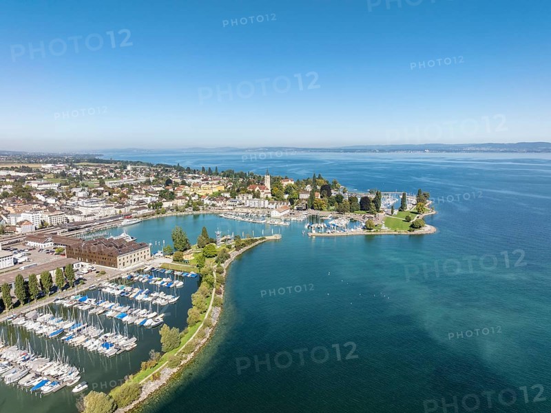Harbour area, ferry port, yacht harbour, marina of the city of Romanshorn with Seepark, aerial view, Lake Constance, Canton Thurgau, Switzerland