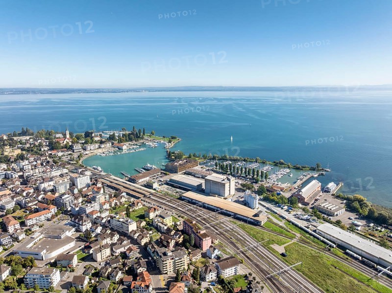 The town of Romanshorn with the main railway station, harbour area, ferry port, marina, aerial view, Lake Constance, Canton Thurgau, Switzerland