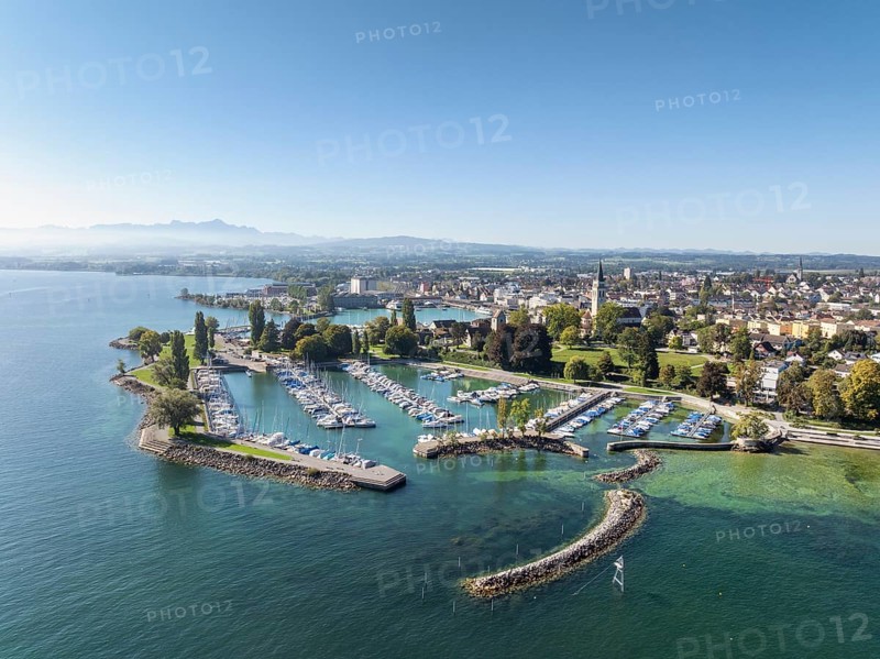 Harbour area, ferry port, yacht harbour, marina of the town of Romanshorn with Seepark, on the left on the horizon the Appenzell Alps with the Säntis, aerial view, Lake Constance, Canton Thurgau, Switzerland