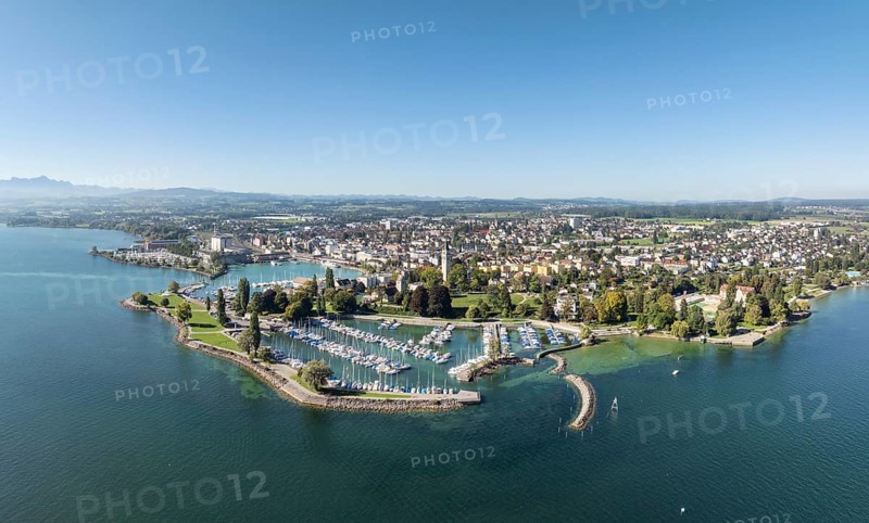 Harbour area, ferry port, yacht harbour, marina of the town of Romanshorn with Seepark, far left the Säntis, aerial view, panorama, Lake Constance, Canton Thurgau, Switzerland