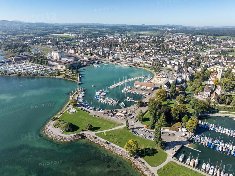 Harbour area, ferry port, yacht harbour, marina of the city of Romanshorn with Seepark, aerial view, Lake Constance, Canton Thurgau, Switzerland