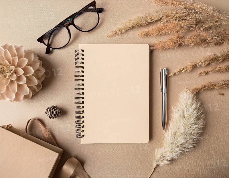 Flat lay composition featuring a beige spiral notebook, elegant pen, glasses, dried flowers, and ornamental elements arranged on a neutral background. Perfect for productivity, writing, journaling, or creative inspiration themes, AI generated