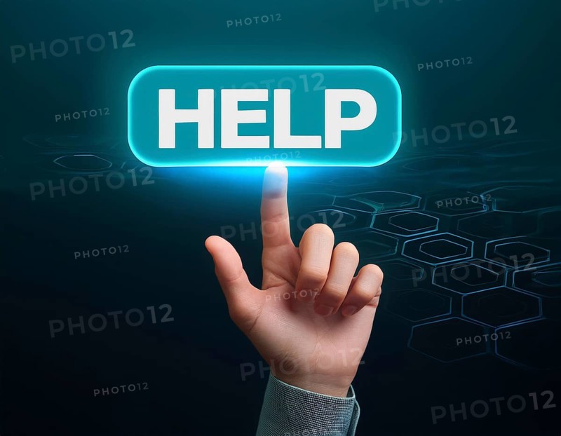 Hand point at an illuminated 'Help' button against a dark background with digital hexagonal patterns. Signifying technology, assistance, and innovation, AI generated