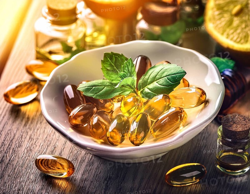 Vitamin capsules placed in a white ceramic bowl, adorned with green medicinal herbs, symbolizing health and natural wellness, set against a warm, soft-focused background for a fresh, organic ambiance, AI generated