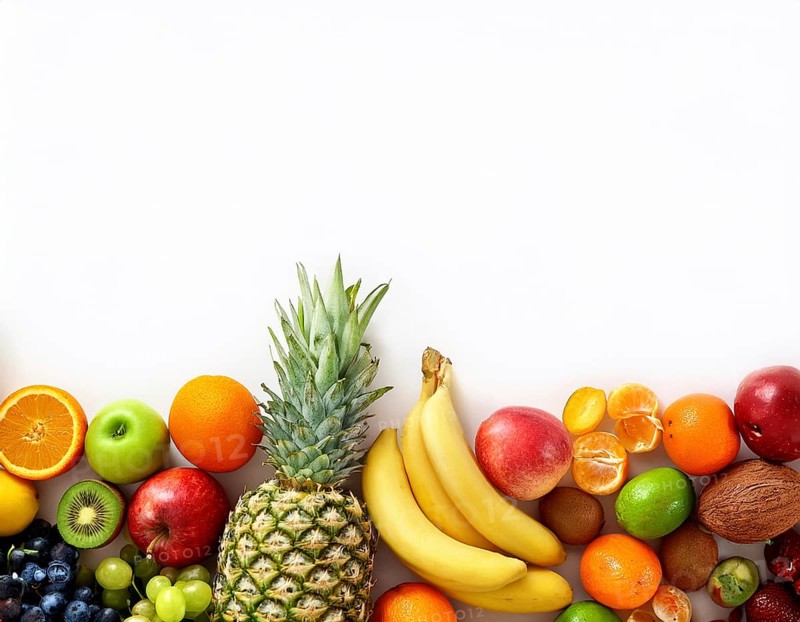 An artistic arrangement of vibrant fruits including apples, oranges, strawberries, and berries on a blue surface, showcasing freshness, variety, and healthy eating, AI generated