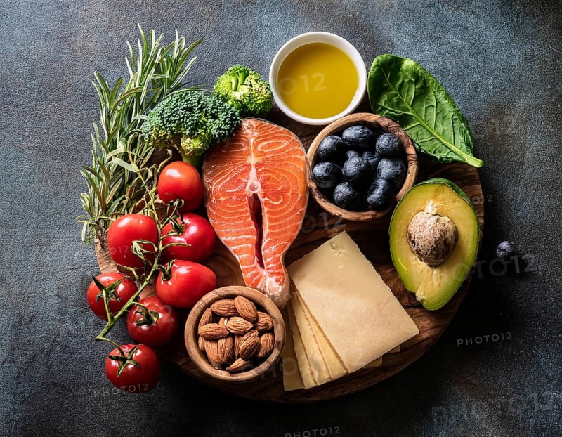 A vibrant assortment of healthy food ingredients, including fresh vegetables, salmon, nuts, and cheese, ideal for a balanced Mediterranean diet and promoting overall wellness and nutritious eating habits, AI generated