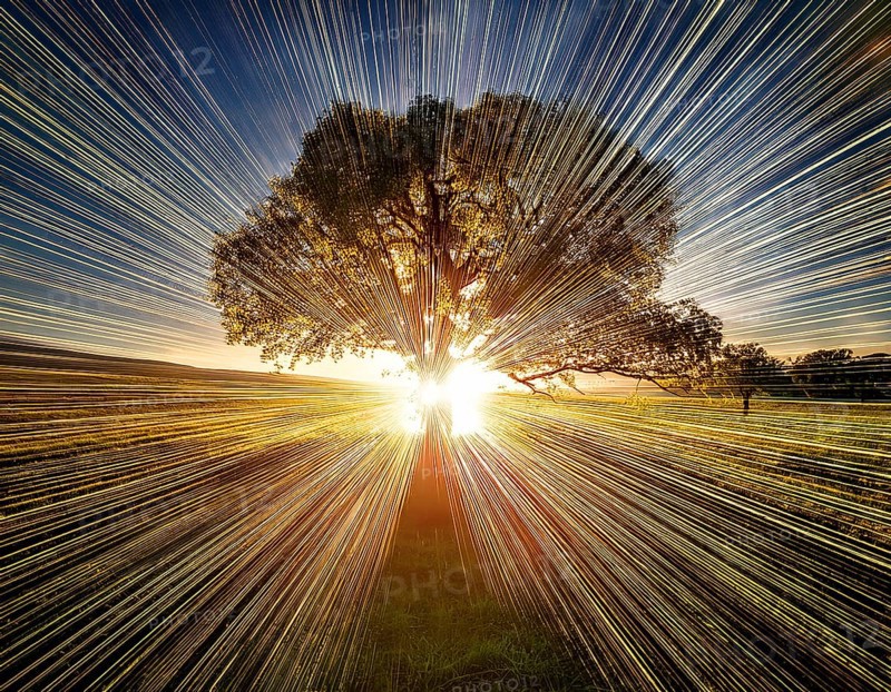 An awe-inspiring scene showcasing the sun's rays bursting through a solitary tree, illuminating a tranquil green meadow against a dramatic morning sky. A symbol of peace, life, and scenic nature, AI generated