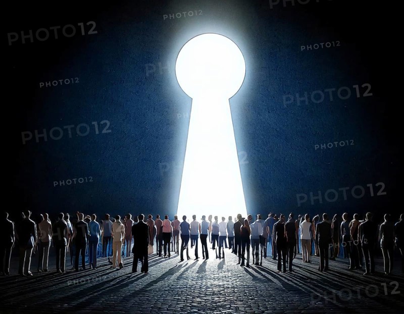 A vast group of people walking towards a glowing light keyhole in a symbolic display of hope, unity, and collective aspiration, AI generated
