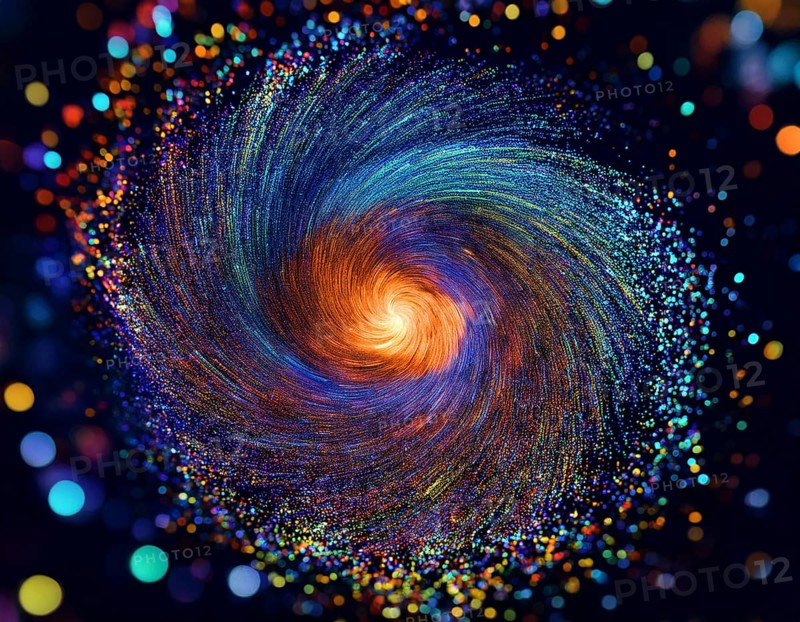 Abstract representation of a colorful swirling galaxy formed by vibrantly arranged particles and specks on a dark background, evoking the mysteries and allure of infinite space and artistic expression, AI generated