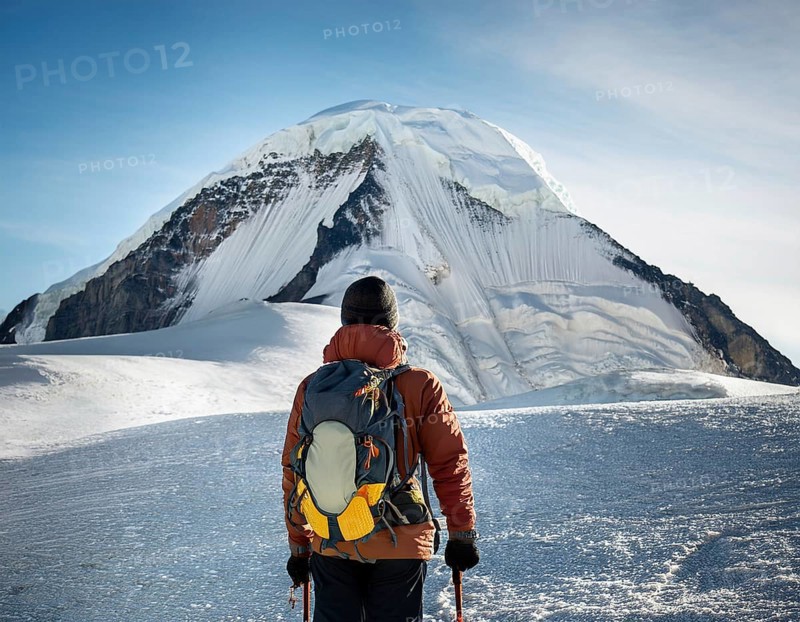 Lone climber equipped with winter gear trekking through pristine snow towards a towering mountain peak under vibrant sunlight, AI generated