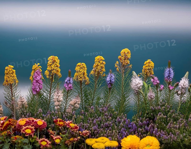 A variety of colorful wildflowers flourish on a hillside against a blurred mountainous backdrop. The flowers reflect vibrancy, serenity, and the beauty of nature in a peaceful outdoor environment, AI generated