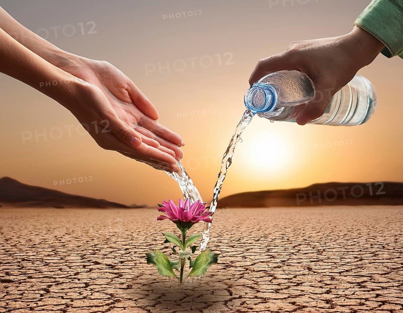 Symbolizing hope and resilience, a flower thrives in a dry desert landscape, nourished by water from supportive hands amidst a barren environment, representing growth despite adverse conditions, AI generated