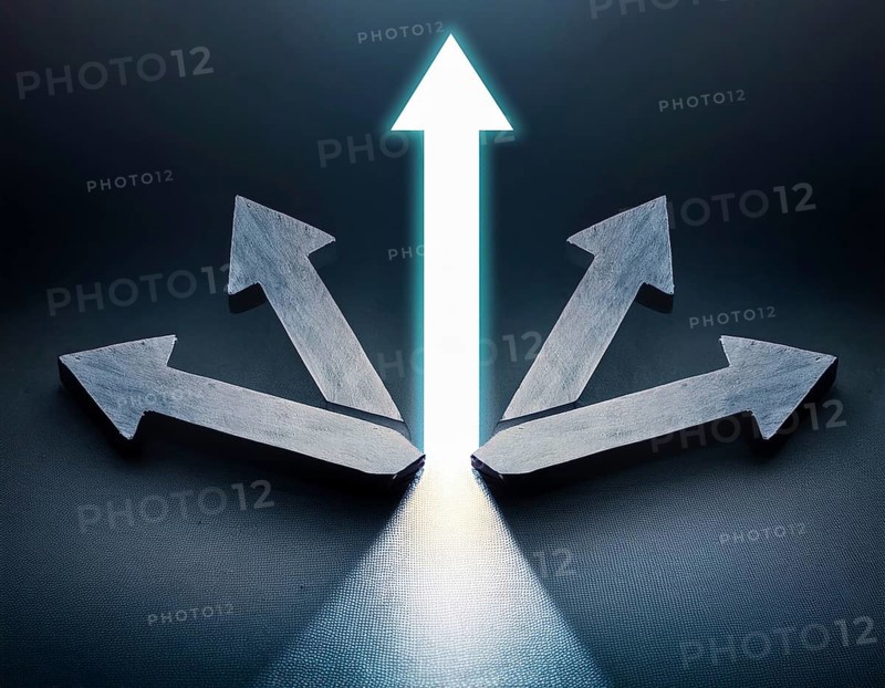 A bold blue arrow pointing upward, surrounded by four silver arrows. Represents leadership, decision-making, and strategic direction. Illuminated by warm light, conveying focus and determination, AI generated