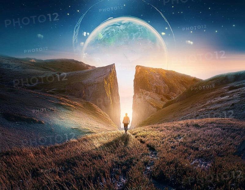 Concept Spirituality, Afterlife, Light Energy, Transcendence, Reality. Soul transcends through light portal exploring afterlife and spirituality, AI generated
